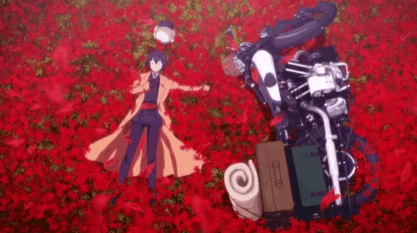 a man is standing in a field of red flowers next to a motorcycle and a helmet .