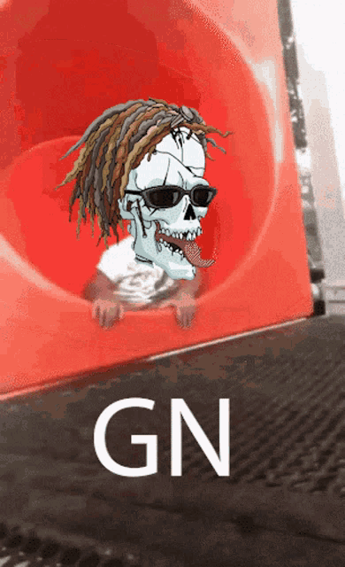 a cartoon of a skull with dreadlocks and sunglasses on a red slide that says gn on the bottom