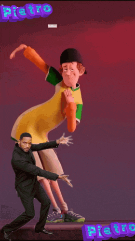 a man in a suit is standing in front of a cartoon character with the word pero on it