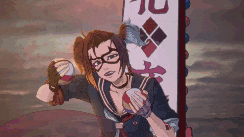 a girl with glasses and a ponytail stands in front of a sign that says jl