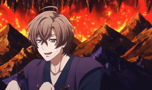 a man in a purple kimono stands in front of a fire