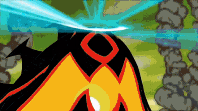 a cartoon drawing of a flame with a blue light coming out of it