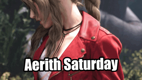 a woman in a red jacket with the words " aerith saturday " above her