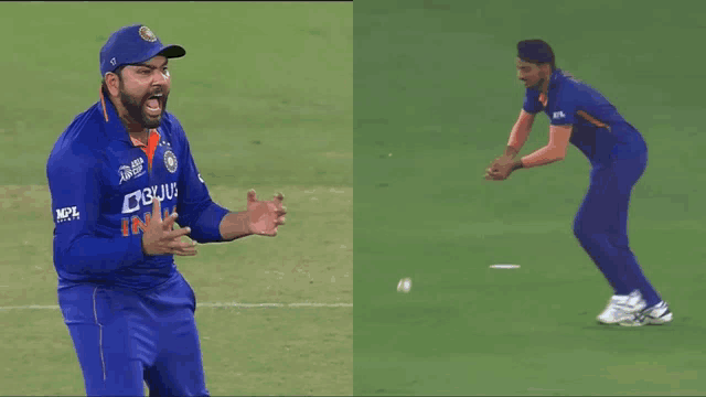 a man in a blue jersey with the word india on it is playing cricket .