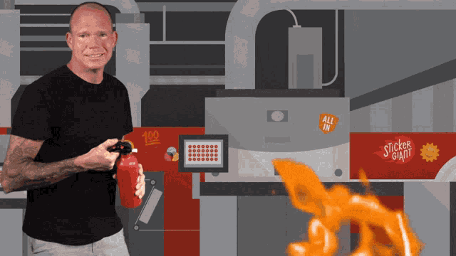 a man is holding a fire extinguisher in front of a machine that says all in