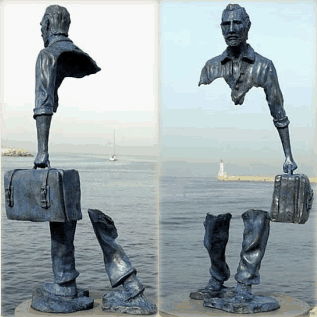 a statue of a man carrying a briefcase and another statue of a man with a broken leg