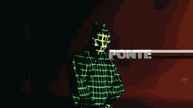 a man in a green plaid shirt stands in front of a ponte sign