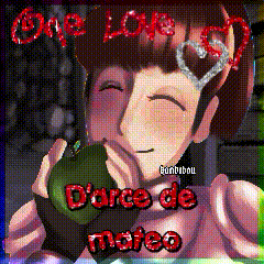 a drawing of a girl holding an apple with the words one love on the top