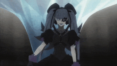 a girl with purple hair and a black dress is standing in a dark room