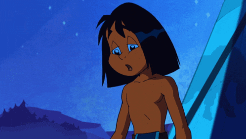 a cartoon character without a shirt is standing in front of a tent at night