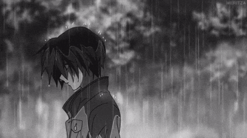 a black and white drawing of a boy in the rain with the word meritza at the bottom