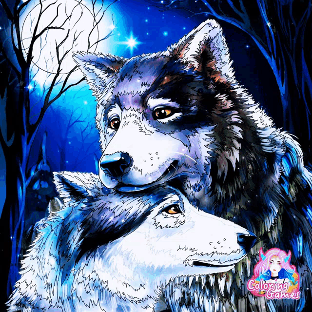 a drawing of two wolves with the words coloring games below