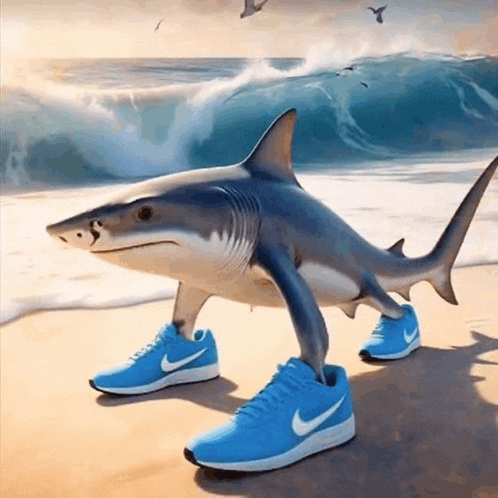 a shark is walking on the beach wearing blue nike shoes