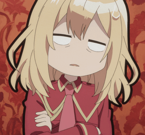 a cartoon girl with blonde hair and a red shirt and tie is making a funny face