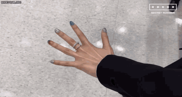 a woman 's hand with a ring on it and a sign that says secret number on it