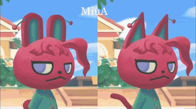 two pictures of a red cat with the name miua on the top