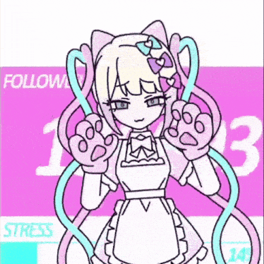 a drawing of a girl with a cat ear and paws on a pink background .