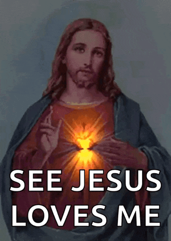 a painting of jesus with the words " see jesus loves me " on the bottom