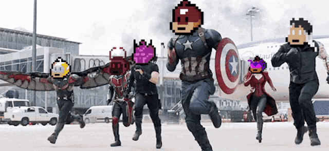 a group of pixelated characters running in front of a plane