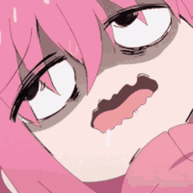 a close up of a cartoon character with pink hair