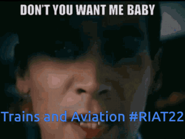 a picture of a woman with the caption do n't you want me baby trains and aviation #riat22