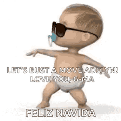 a baby is wearing sunglasses and a pacifier in his mouth while dancing .
