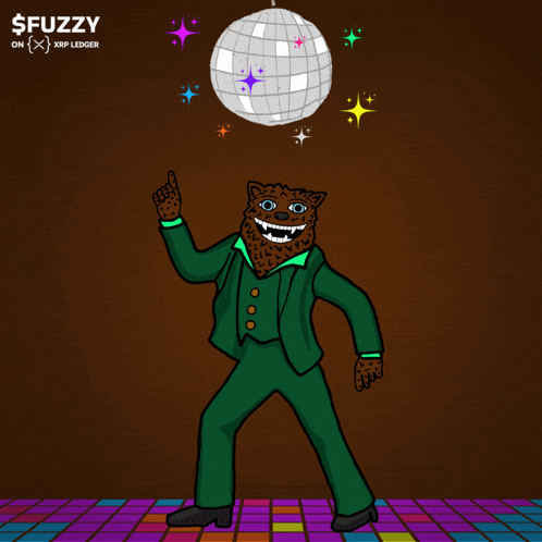a cartoon of a cat dancing under a disco ball with the words $ fuzzy on xrp ledger below it