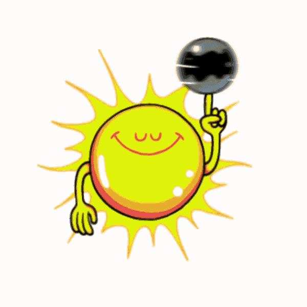 a cartoon illustration of a smiling sun holding a black object