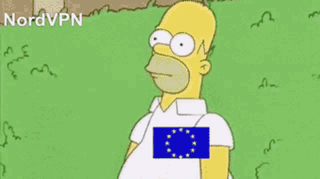 a cartoon of homer simpson with a blue flag on his chest
