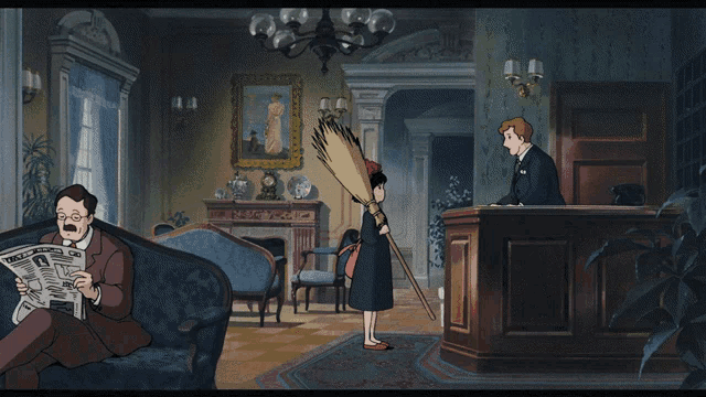 a man is reading a newspaper while a girl with a broom stands in front of a desk