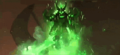a demon with horns and wings is surrounded by green smoke and fire .