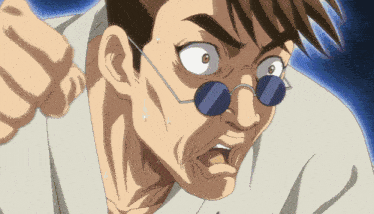 a close up of a man wearing glasses and a white shirt