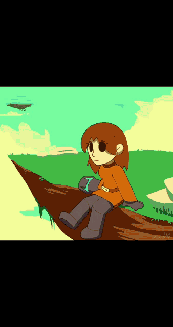 a cartoon drawing of a girl sitting on a rock with a blue object in her hand