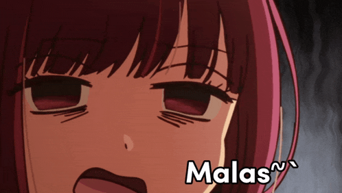 a close up of a girl 's face with the words " malas " written below it