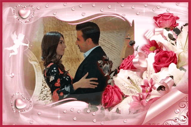 a picture of a man and woman surrounded by flowers and hearts