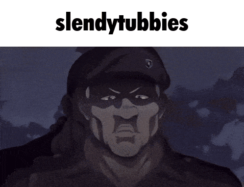 a man is standing in a dark room with the words " slendytubbies " on the top