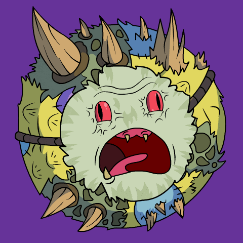 a cartoon drawing of a monster with horns and sharp teeth