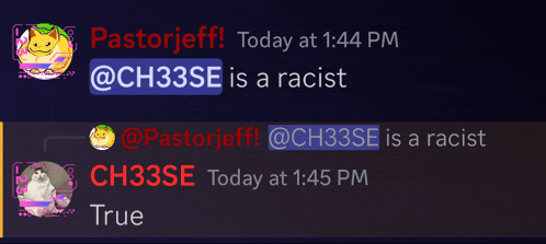 a screenshot of a conversation between pastor jeff and ch33se at 1:45 pm