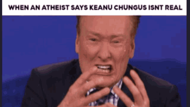 conan o'brien is crying with a caption that says when an atheist says