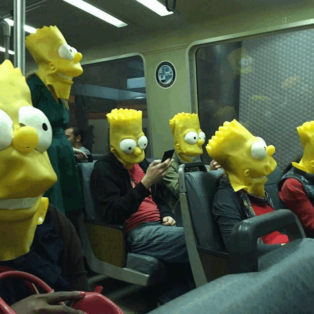 people wearing bart simpson masks are sitting on a bus