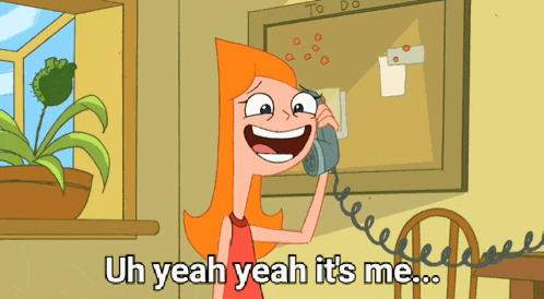 a cartoon of a woman talking on a phone with the words uh yeah yeah it 's me