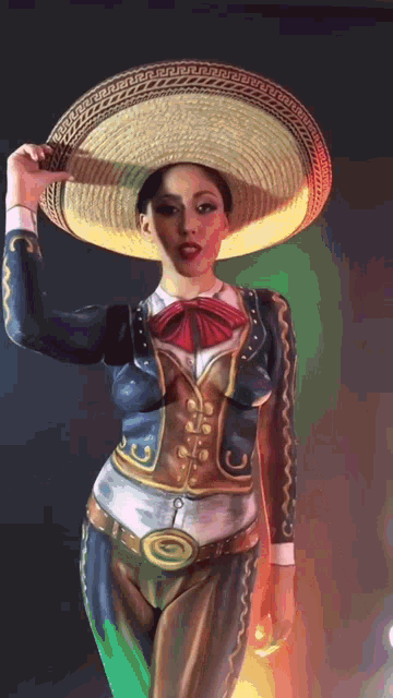a woman with her body painted like a mariachi is holding a sombrero