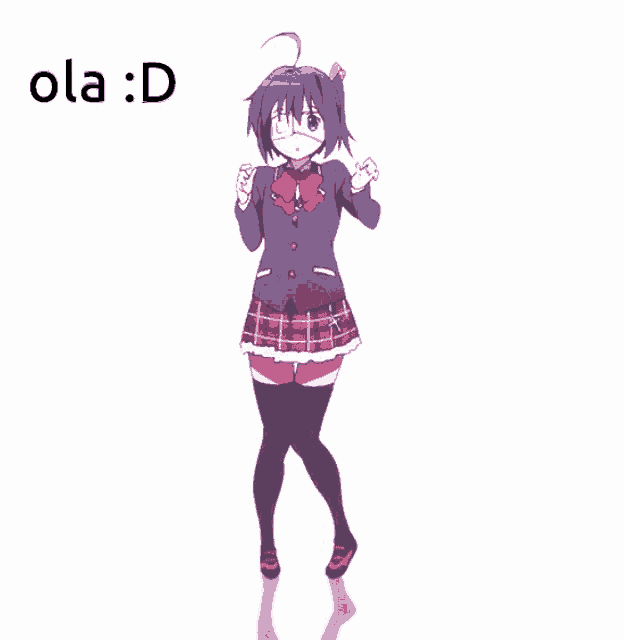 a girl in a plaid skirt is dancing in front of a white background with the words ola : d above her