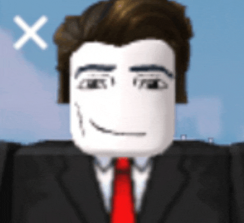 a man in a suit and tie is smiling with an x in the background