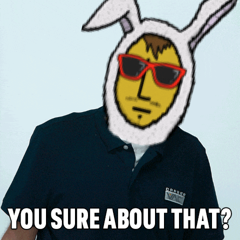 a man wearing a bunny mask and sunglasses has the words you sure about that below him