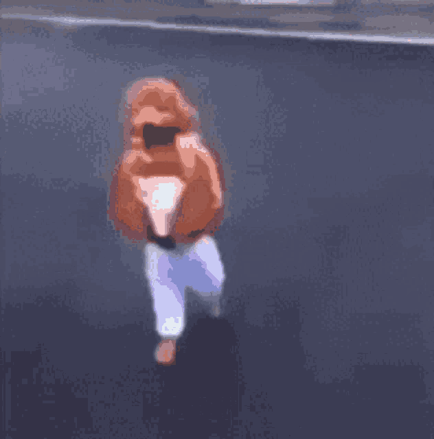 a blurry picture of a person wearing a hoodie walking down a street .