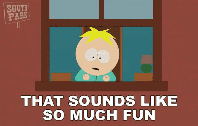 a cartoon character from south park looks out of a window