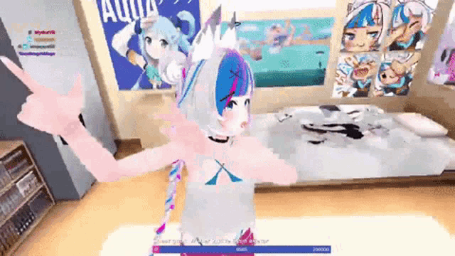 a girl in a room with a poster that says aqua on the wall