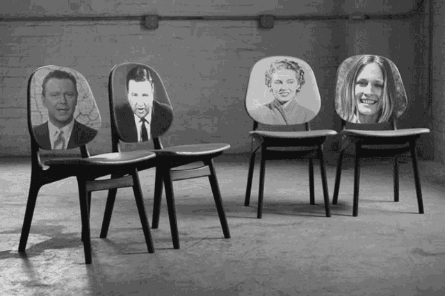 four chairs with portraits of men and women on the backs