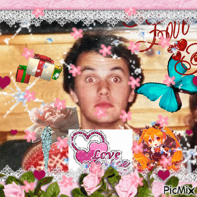 a man is surrounded by pink flowers and a sign that says " love me "